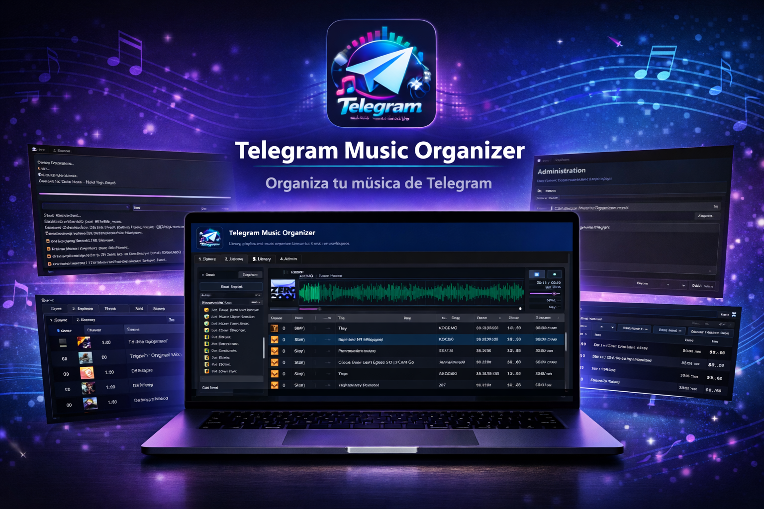 Collage de pantallazos Telegram Music Organizer